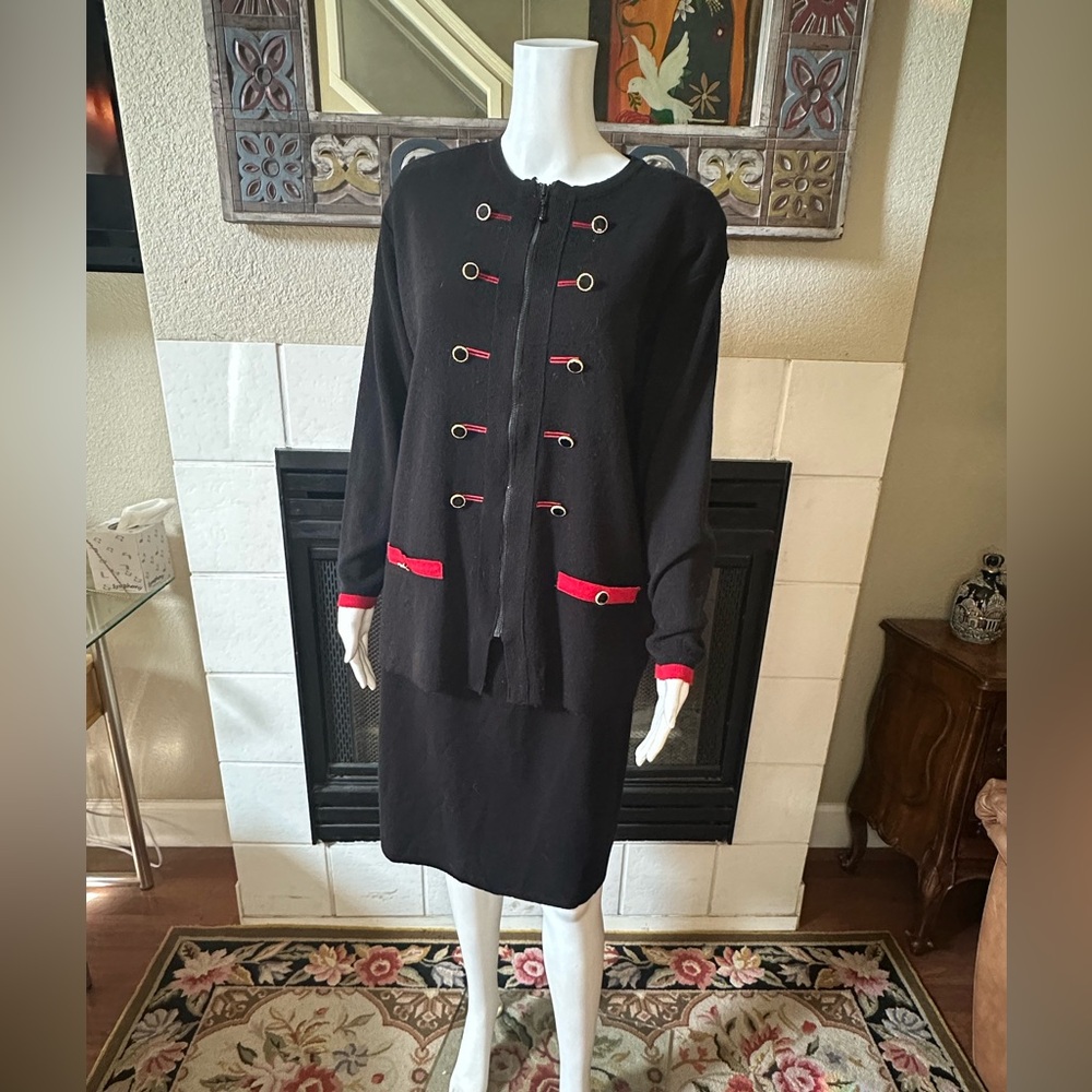 Adolfo Collectibles Sweater Skirt & Cardigan Set Zip Up Wool Blend Lg Black Red